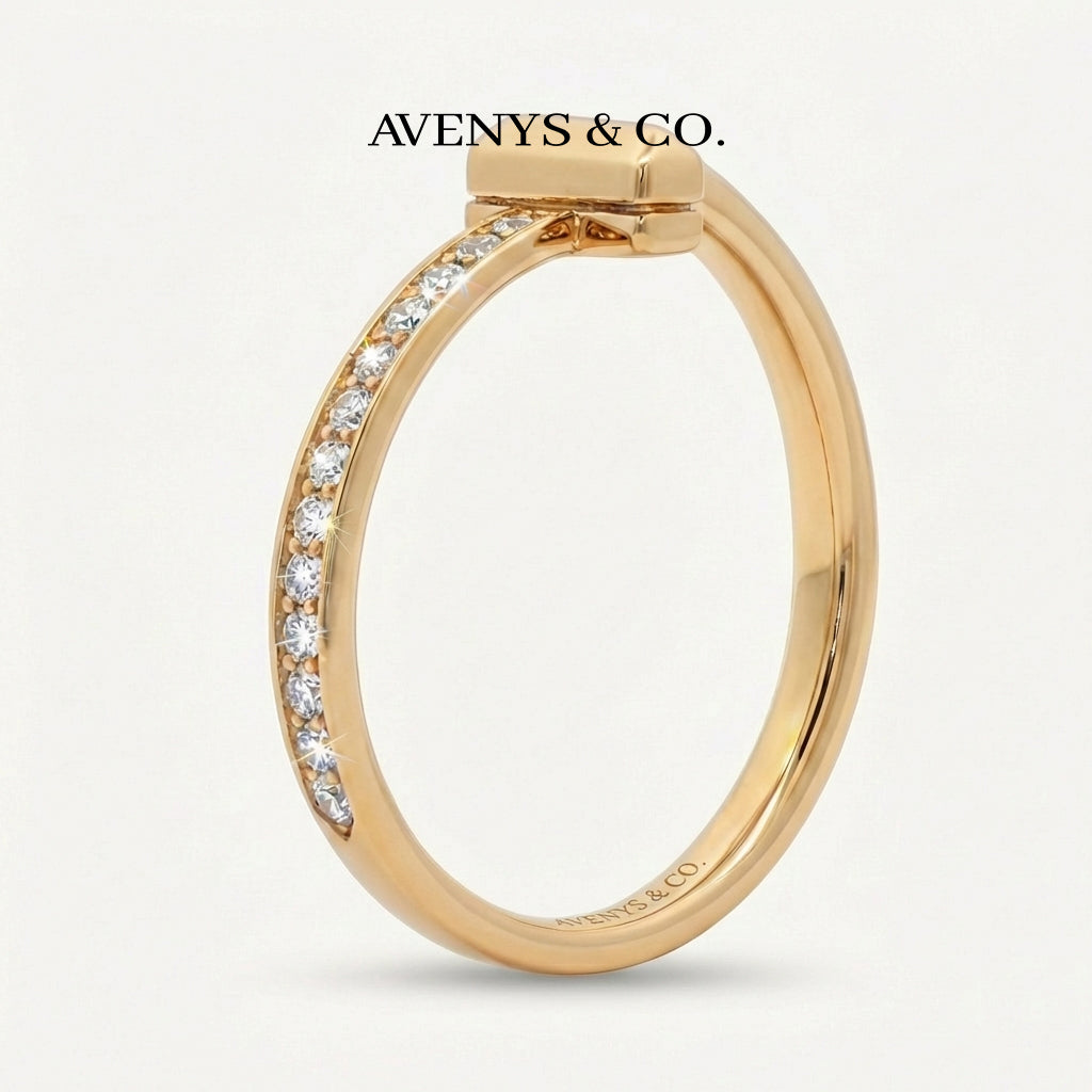 T Half Pave Ring with White Round Stone – on Yellow Gold