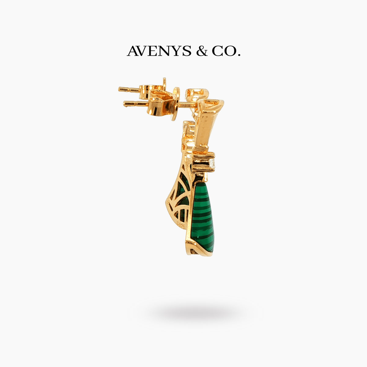 Fan Malachite Earrings with White Round Stone – on Yellow Gold