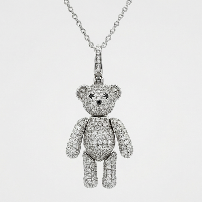 White Gold Diamond Teddy Bear Charm Necklace
