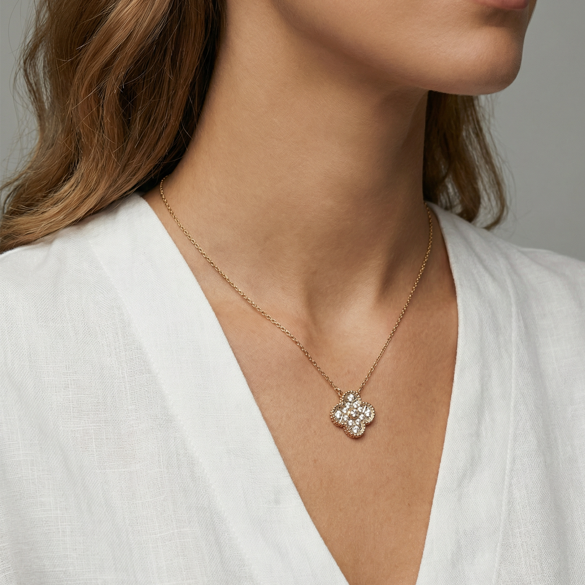 White Gold over Silver Clover Diamond Pendant Necklace