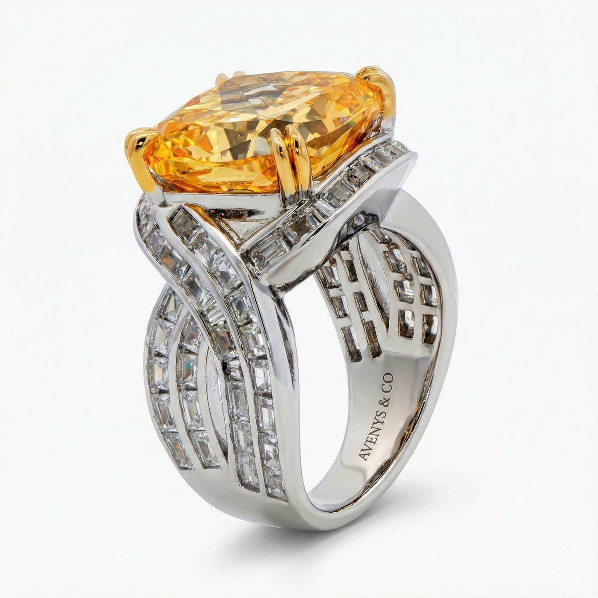Citadel Pave Ring with Yellow Cushion Stone – on White Gold