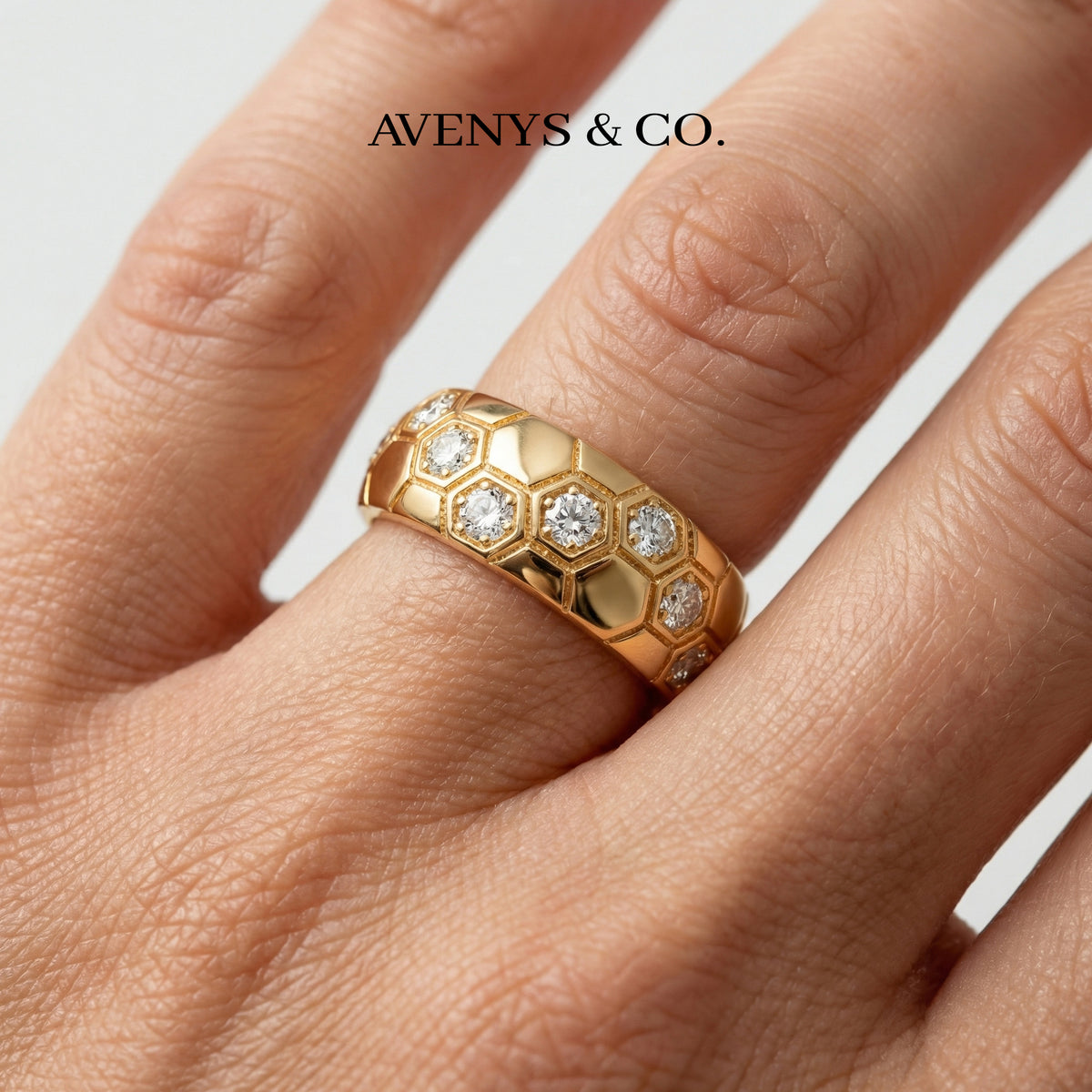 Honeycomb Wide Ring with White Round Stone – on Yellow Gold