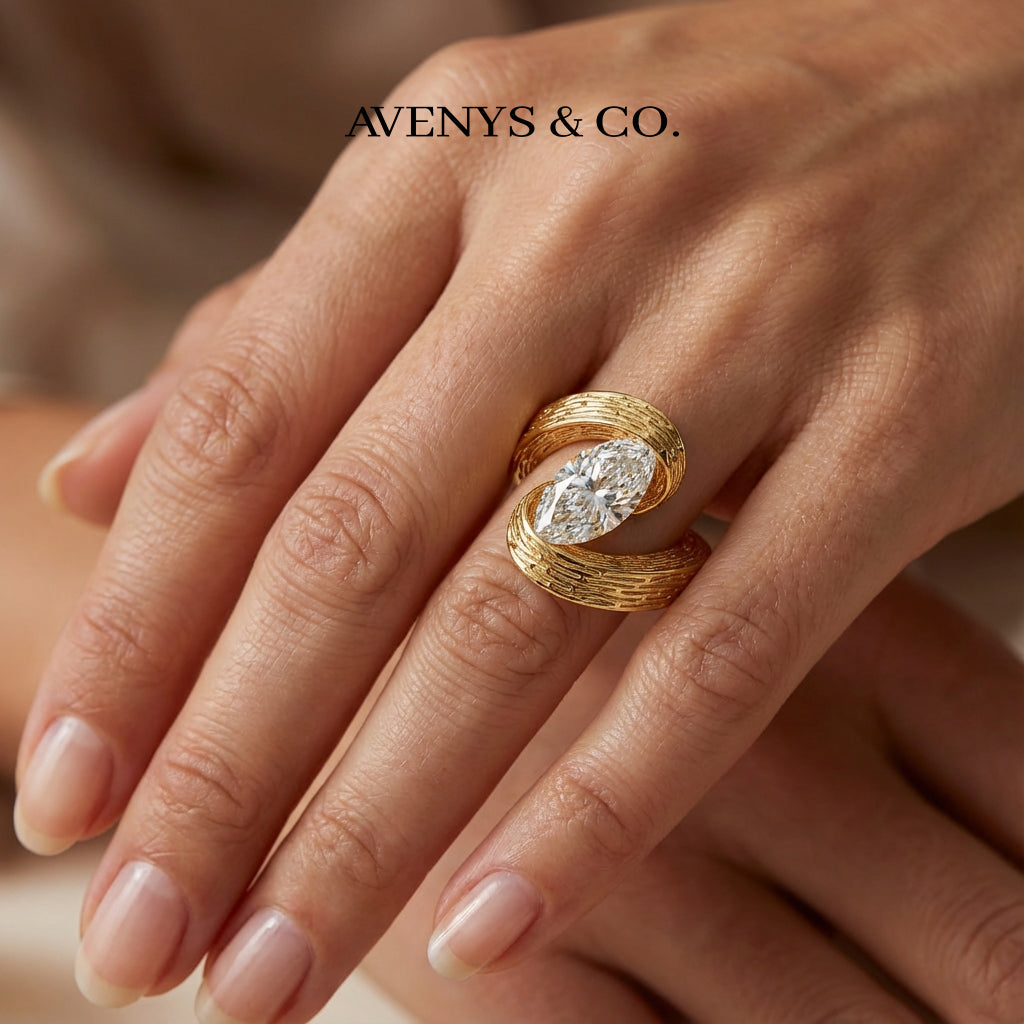 Bypass Terra Ring with White Marquise Stone – on Yellow Gold
