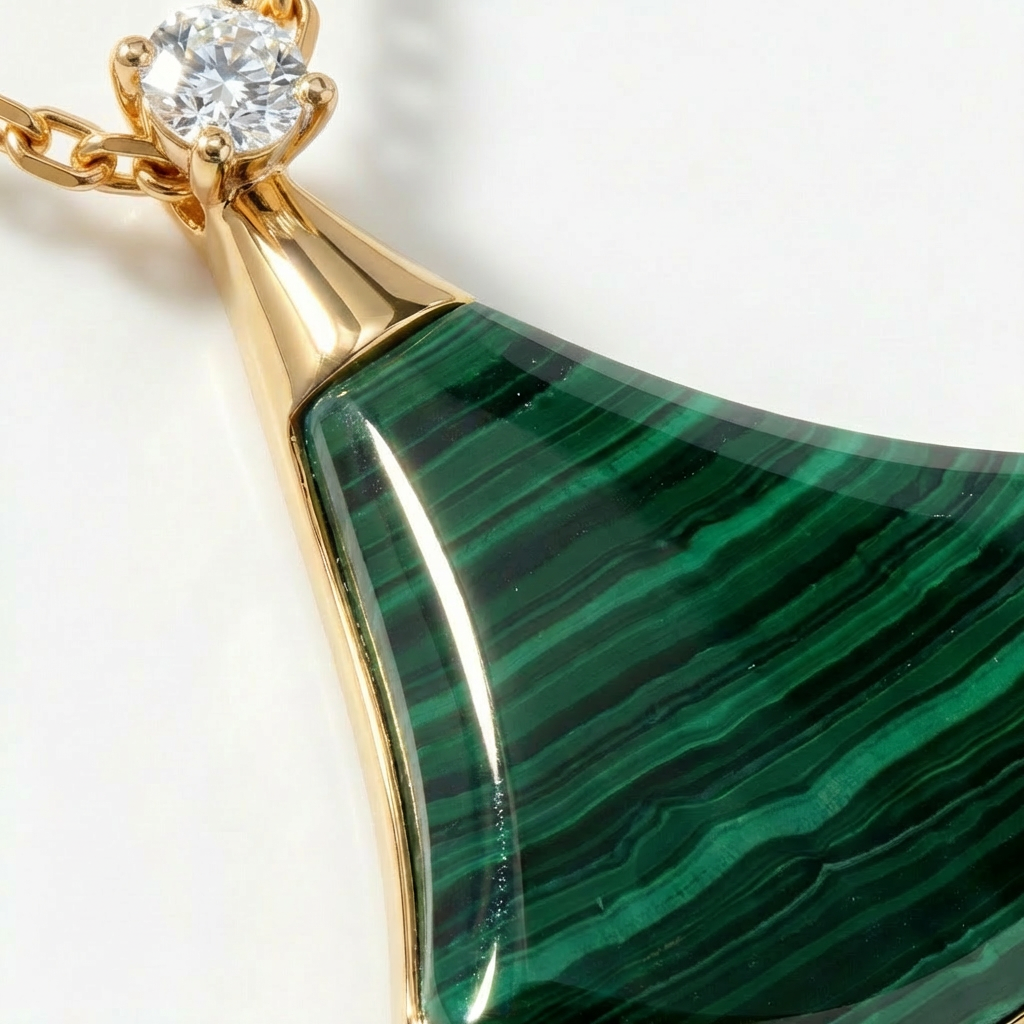 Yellow Gold Charm Necklace with Cabochon Cut Malachite Pendant
